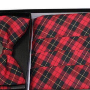 RED TRADITIONAL TARTAN PLAID CUMMERBUND & BOW TIE SET